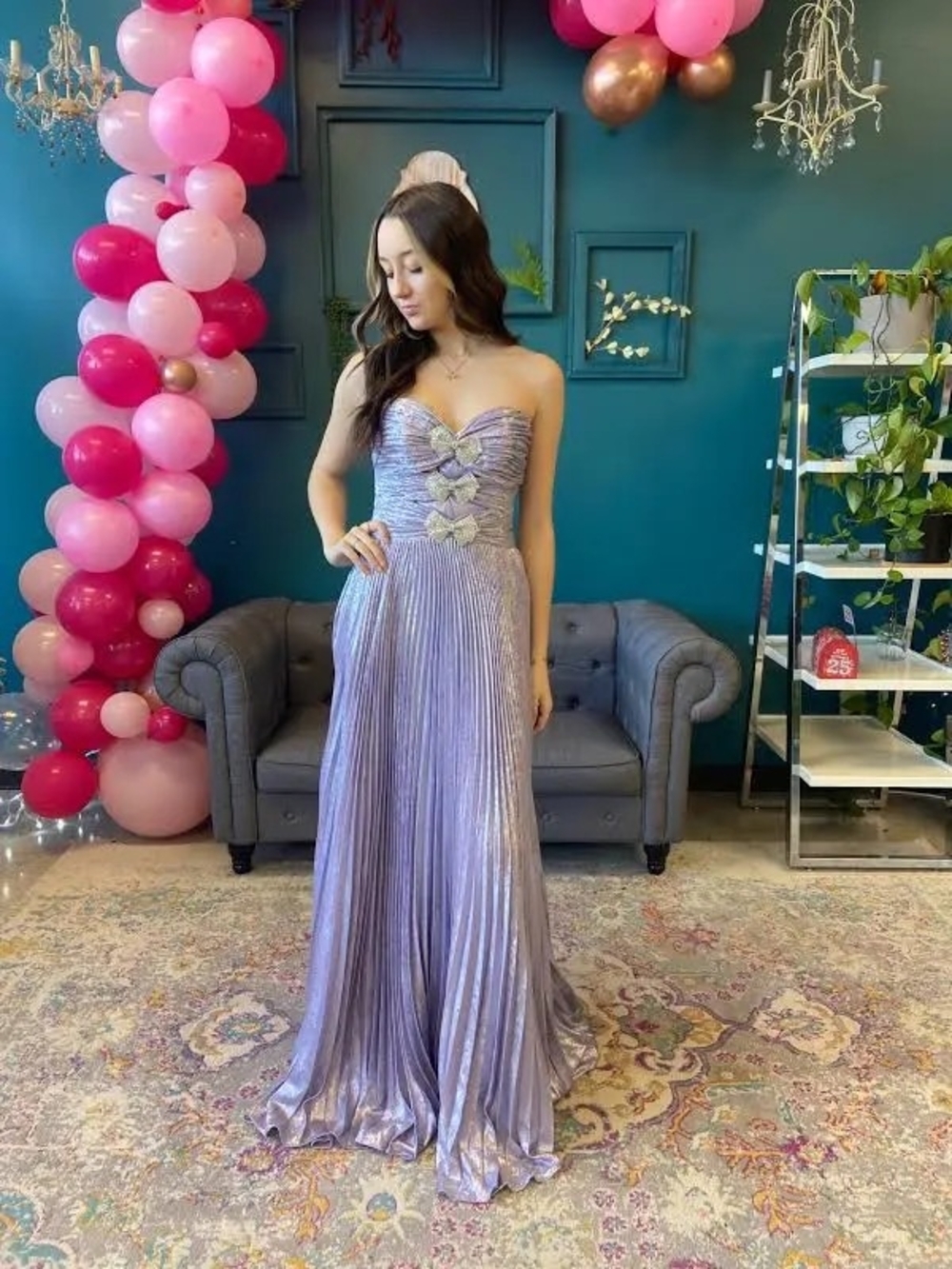 Collette Strapless Lavender Metallic Pleated Evening Gown